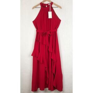 NWT GRACE KARIN Dress Sz L Cherry Red Halter Tie Wrap Ruffles Feminine‎ Romantic